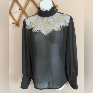 Elite Vintage Ruffle Neck Embroidered sheer black and gold Blouse Medium